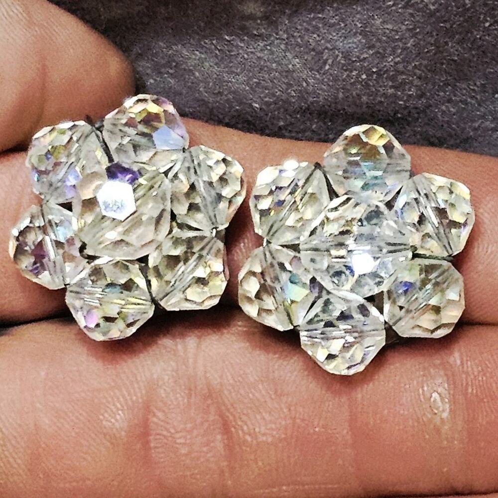 Vintage Aurora Borealis Crystal Cluster Clip On Earrings